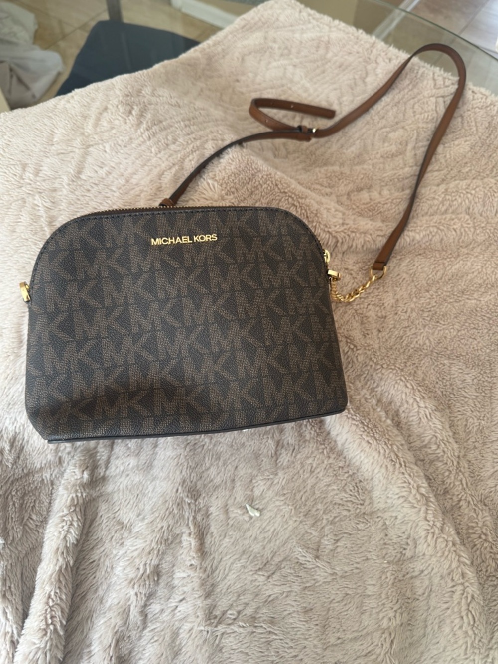 Michael Kors Brown Logo Dome Crossbody with Gold Hardware